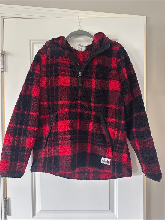 The North Face Tops - The North Face Red & Black Plaid Kids Sherpa Half-Zip Pullover